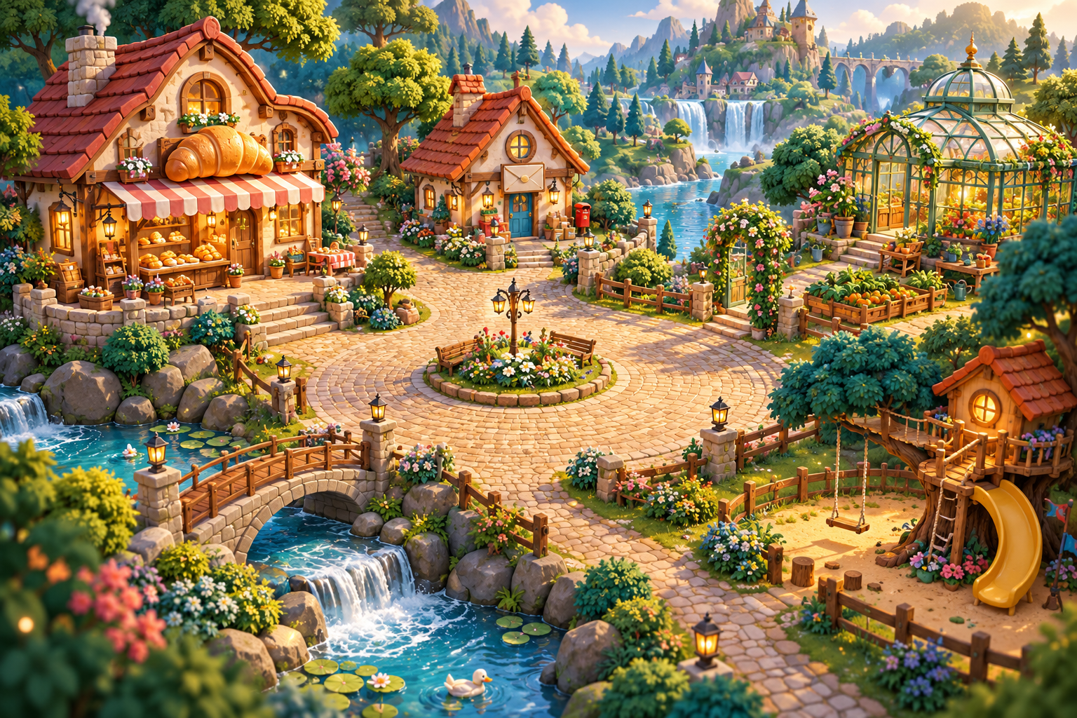 A little village with a bakery, winding path, and a rabbit